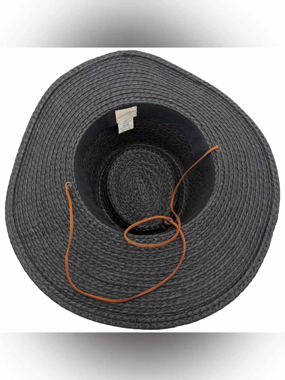 Black Wide Brim Straw Sun Hat with Brown Chin Cord